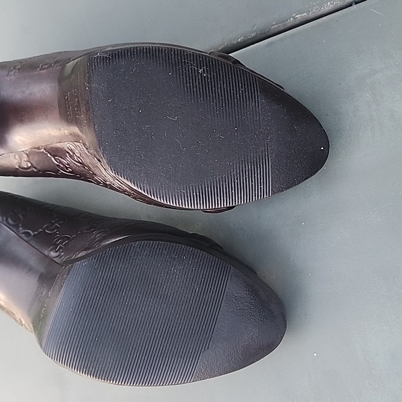 Gucci Gold clasp Horsebit Brown Leather GG Peep Toe Heels Size 40.5 C - Picture 10 of 12